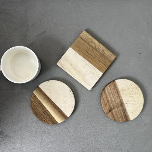 Travertine and Wood Spliced Coaster